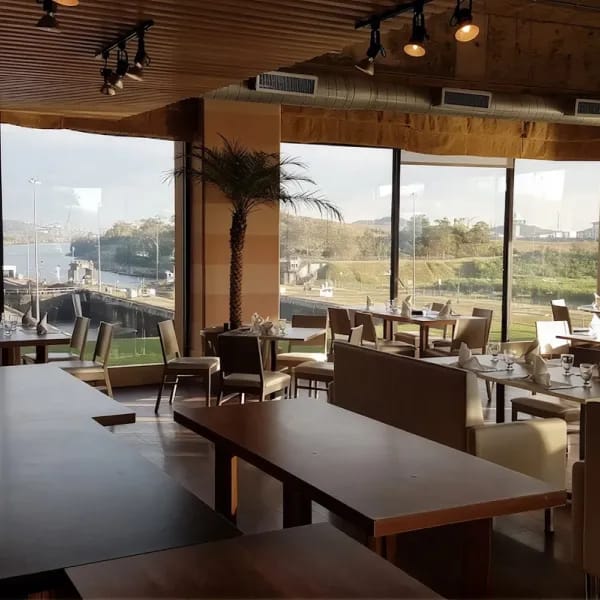 Restaurant with windows overlooking the canal locks