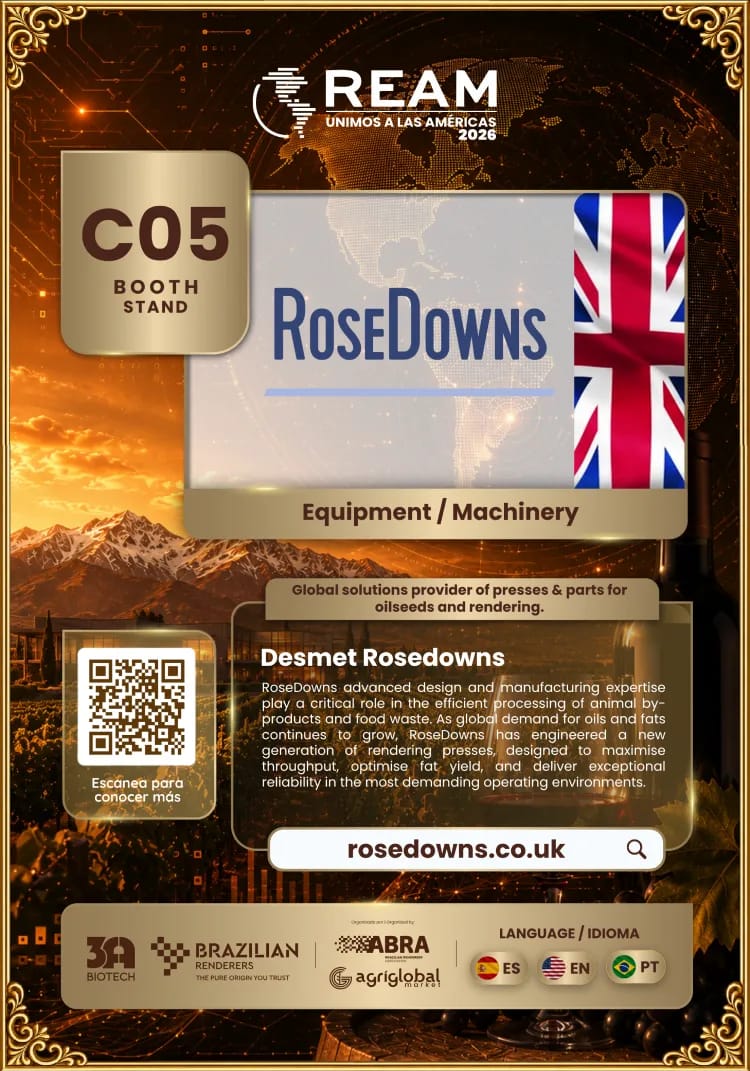 Business-Stand poster from a previous REAM edition, with the booth number, company logo and name, description, QR code, website and languages spoken